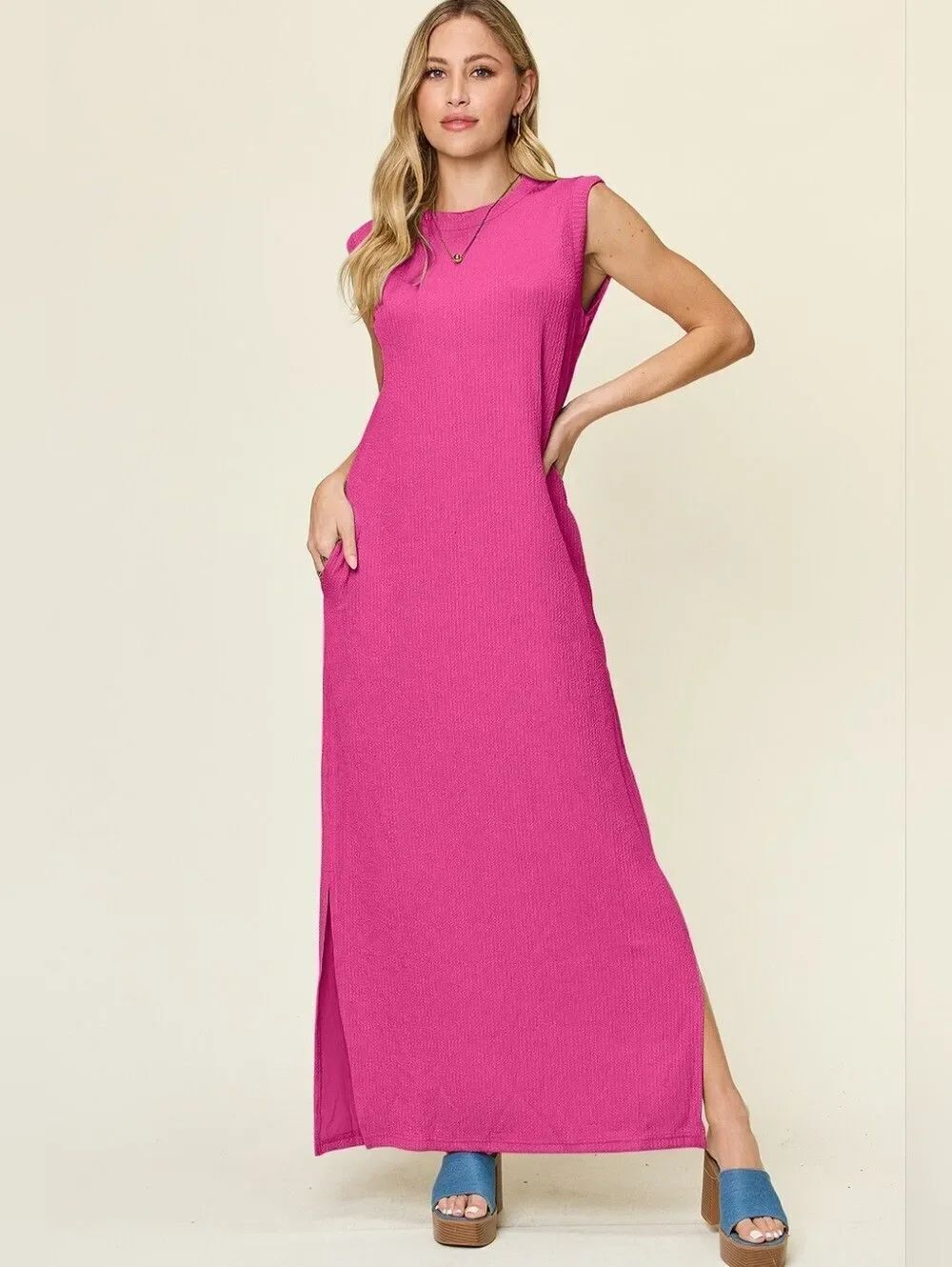 Sleeveless Magenta Pink Maxi Dress with Side Slit & Pockets SZ S M L 2X 3X